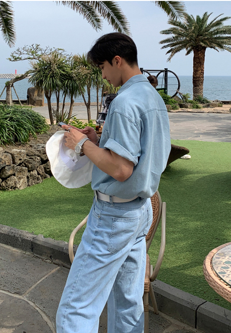 Men's summer vintage washed denim T-shirt CA24051458