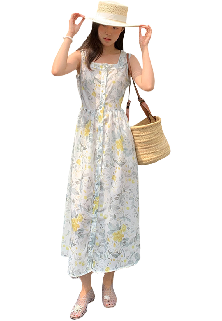 Vintage Square Neck Holiday Single Breasted Sleeveless Dress CA25060358W