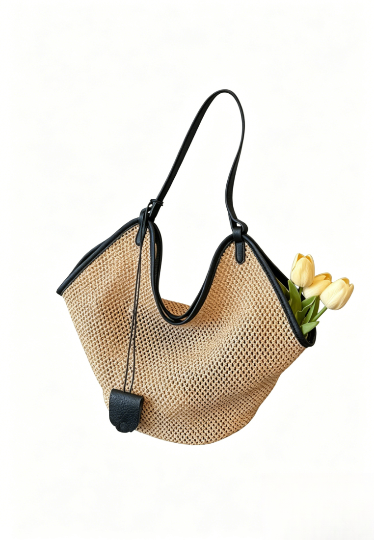 Vacation Style Openwork Woven Tote Bag with Leather Trim K26052002