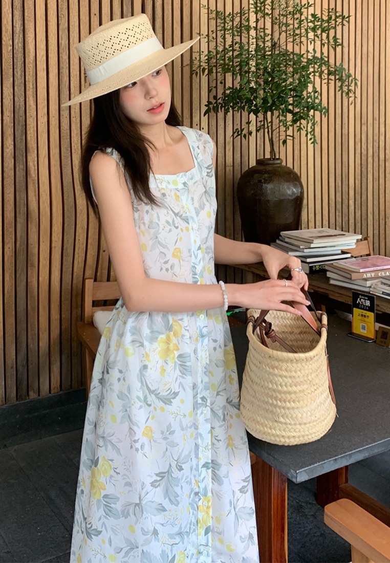 Vintage Square Neck Holiday Single Breasted Sleeveless Dress CA25060358W