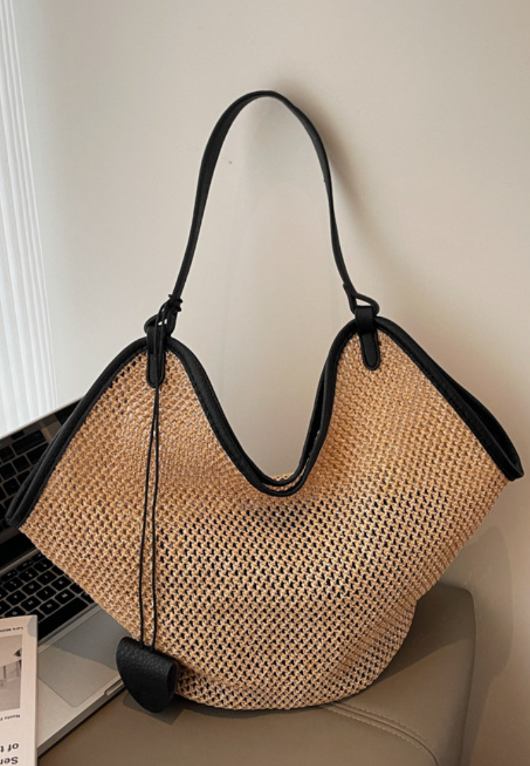 Vacation Style Openwork Woven Tote Bag with Leather Trim K26052002
