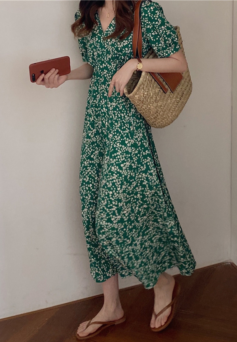 2024 Summer High Waist Green Chiffon Long Dress CA24041058GR