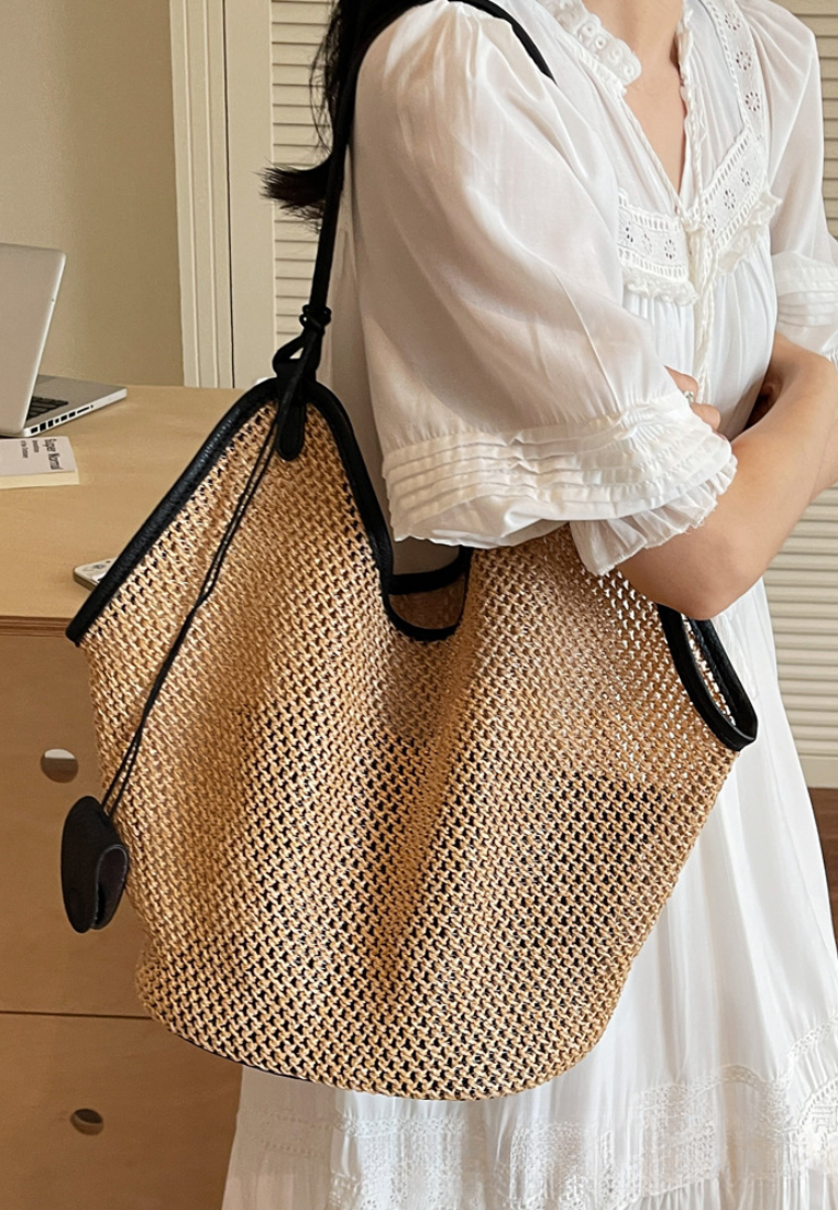 Vacation Style Openwork Woven Tote Bag with Leather Trim K26052002