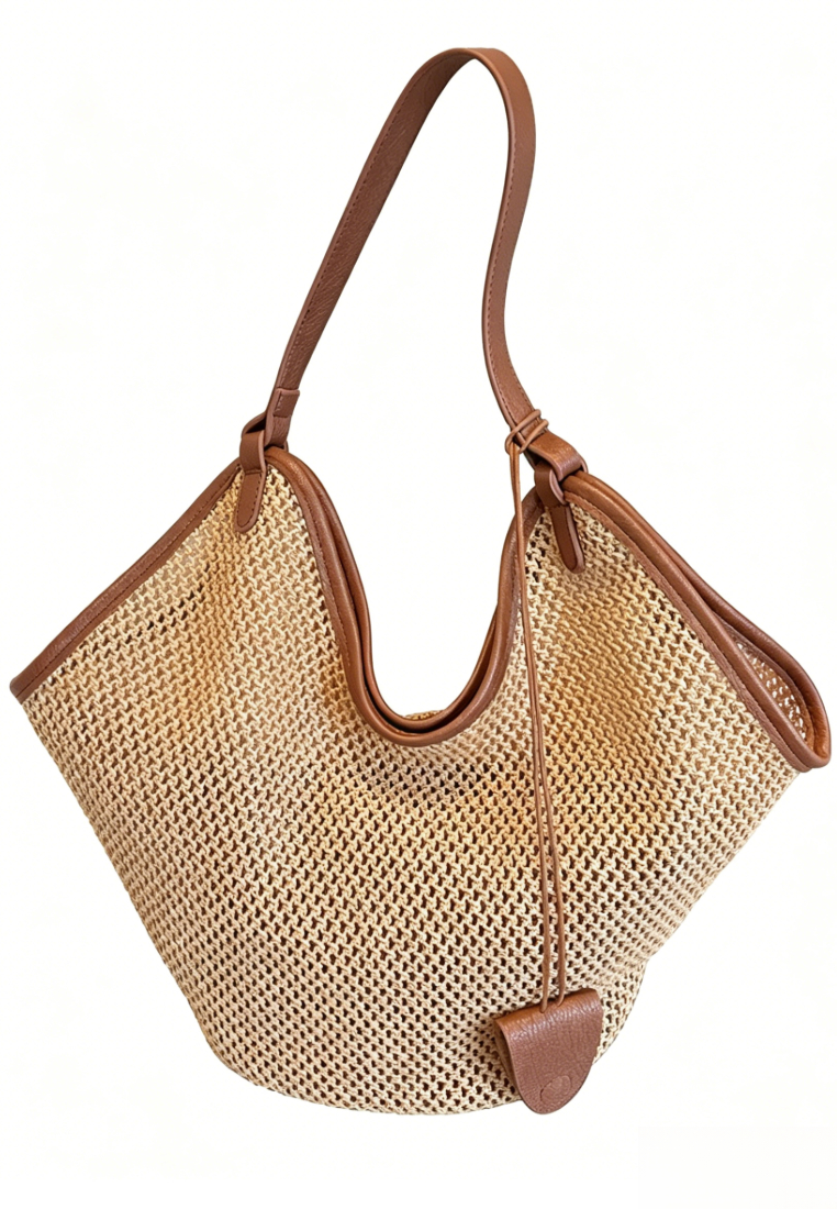 Vacation Style Openwork Woven Tote Bag with Leather Trim K26052002