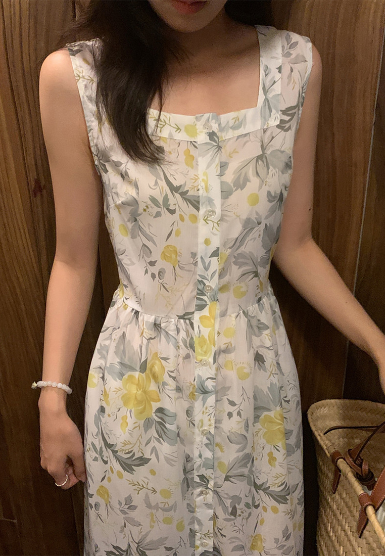 Vintage Square Neck Holiday Single Breasted Sleeveless Dress CA25060358W