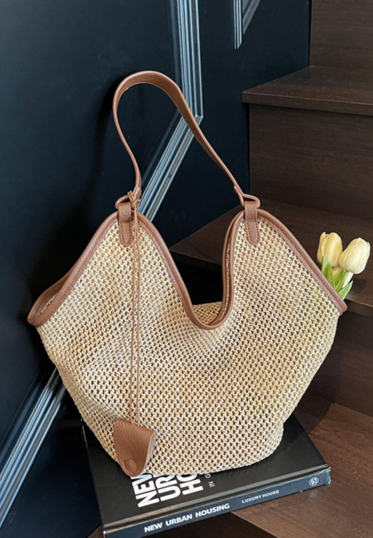 Vacation Style Openwork Woven Tote Bag with Leather Trim K26052002