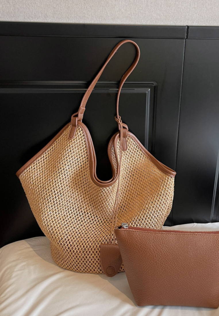 Vacation Style Openwork Woven Tote Bag with Leather Trim K26052002