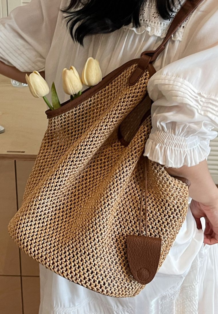 Vacation Style Openwork Woven Tote Bag with Leather Trim K26052002
