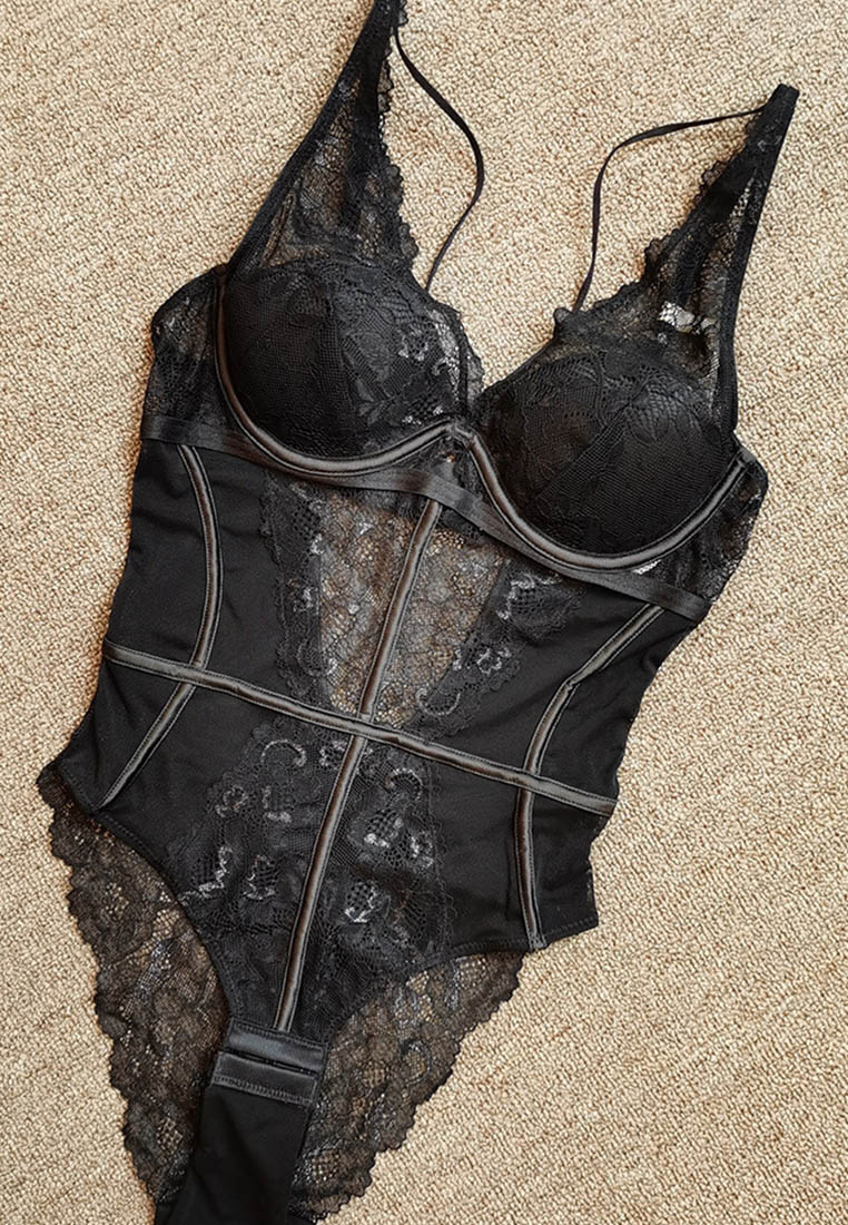 Lace Slim Cut One-Piece Teddy with Bra CA123101BK-75C