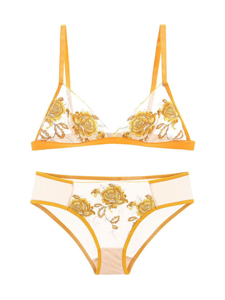 French style ultra-thin triangle cup steel ring mesh embroidery lace bra set CA23050459YE