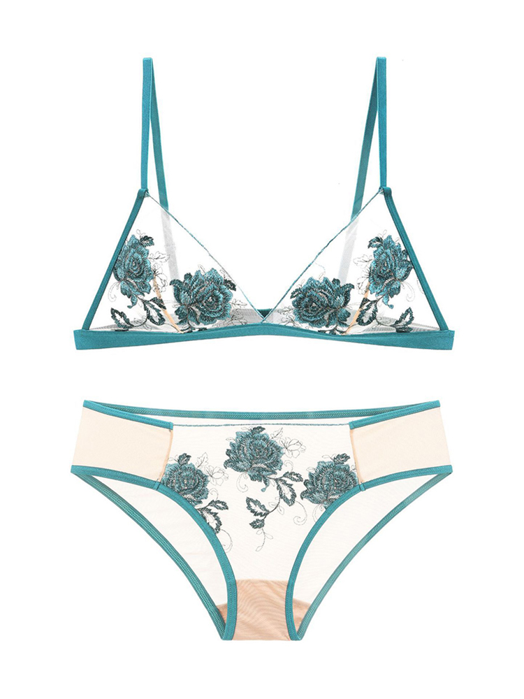 French style ultra-thin triangle cup steel ring mesh embroidery lace bra set CA23050459YE