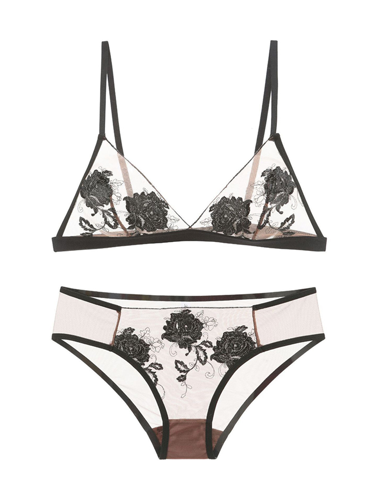French style ultra-thin triangle cup steel ring mesh embroidery lace bra set CA23050459YE