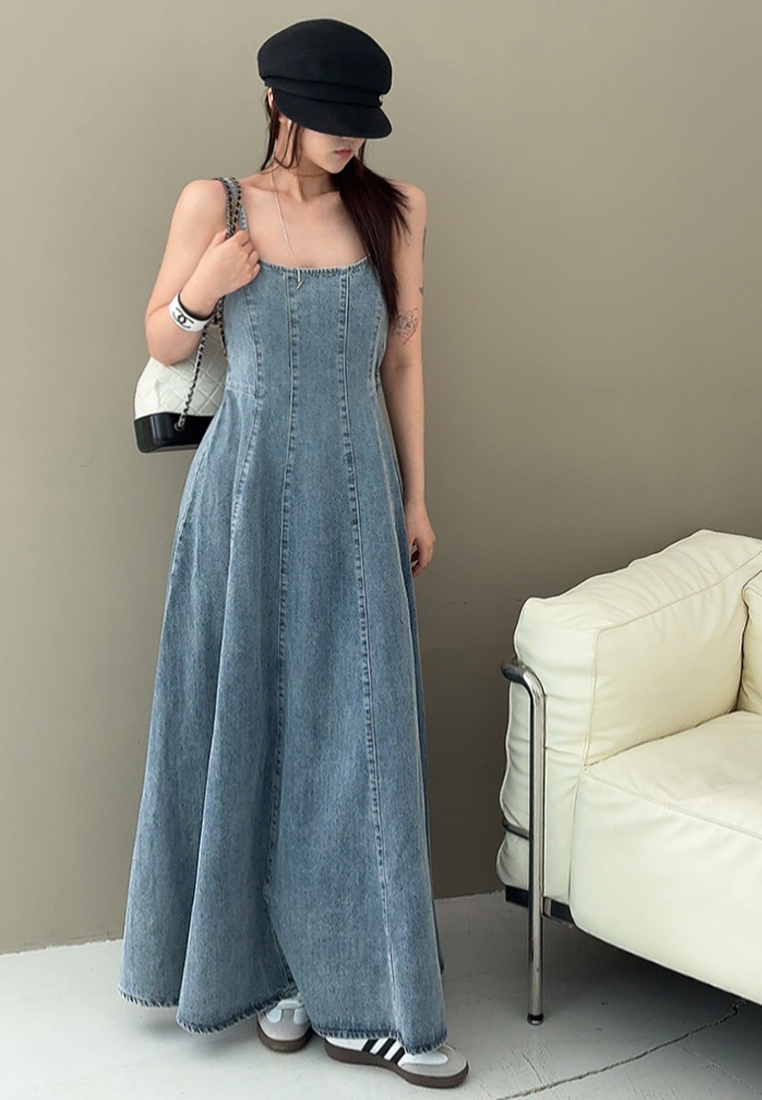 Summer new French denim dress backless suspender dress CA25060359BL