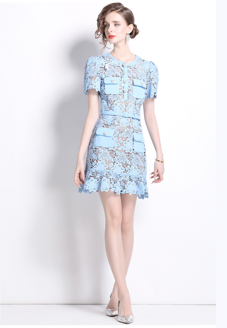 French round neck lace short sleeve dress CA225042259BL