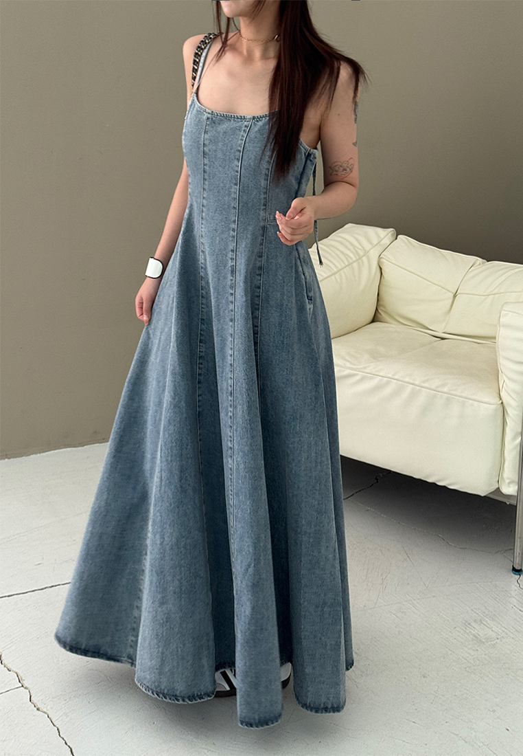 Summer new French denim dress backless suspender dress CA25060359BL