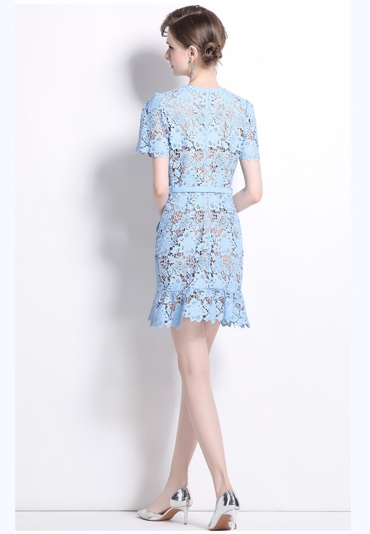 French round neck lace short sleeve dress CA225042259BL