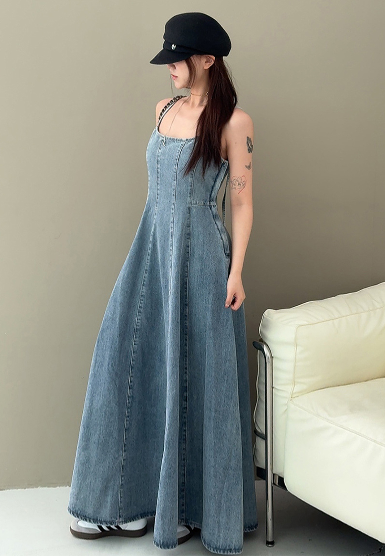 Summer new French denim dress backless suspender dress CA25060359BL