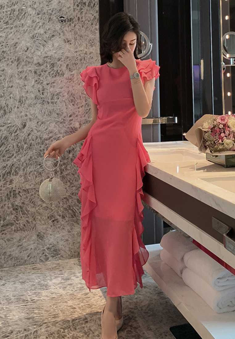 Korean Style Chiffon Slim Long Fishtail One-Piece Dress A21051301RD-S
