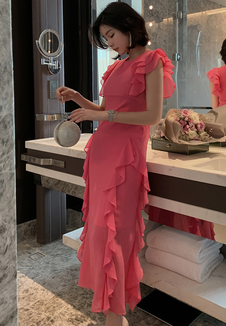 Korean Style Chiffon Slim Long Fishtail One-Piece Dress A21051301RD-S