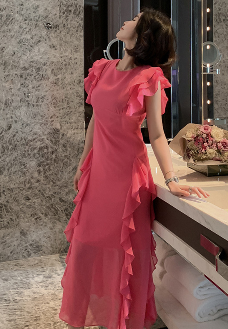 Korean Style Chiffon Slim Long Fishtail One-Piece Dress A21051301RD-S