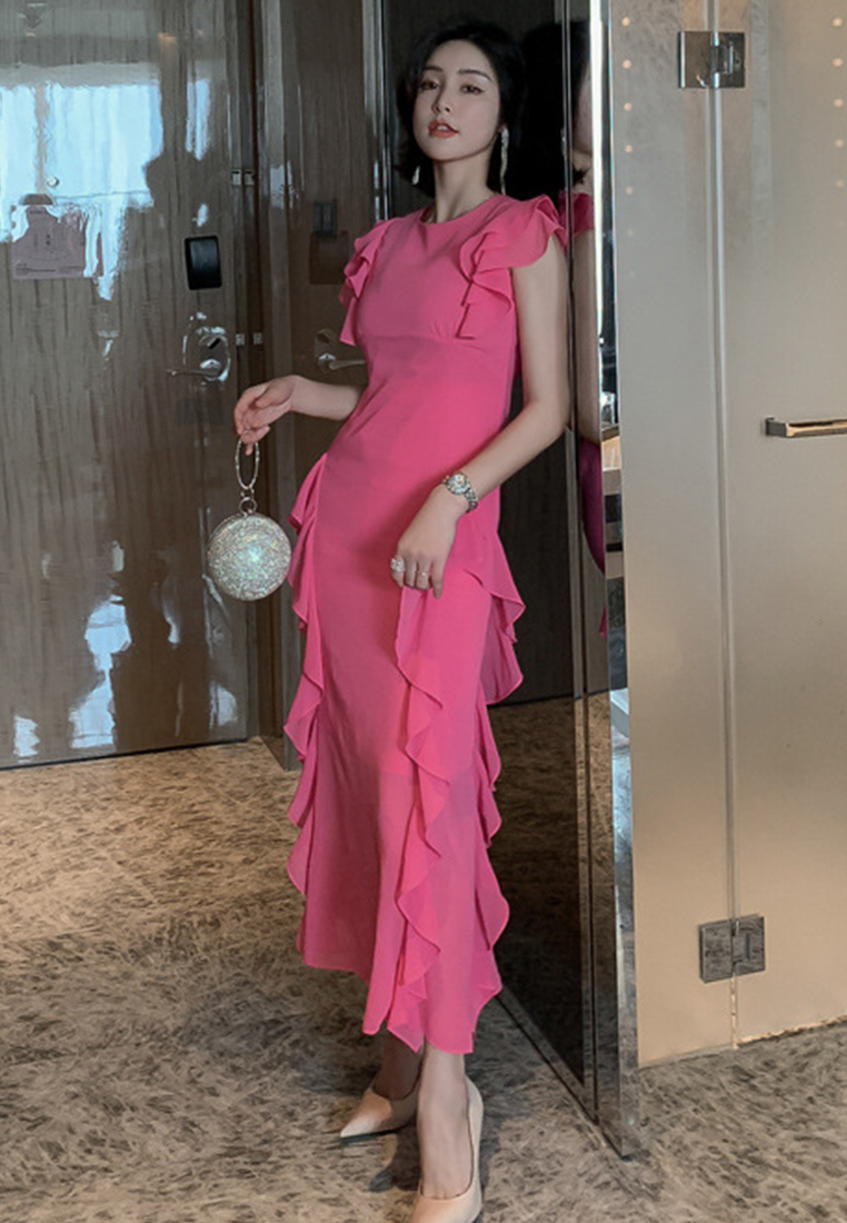 Korean Style Chiffon Slim Long Fishtail One-Piece Dress A21051301RD-S