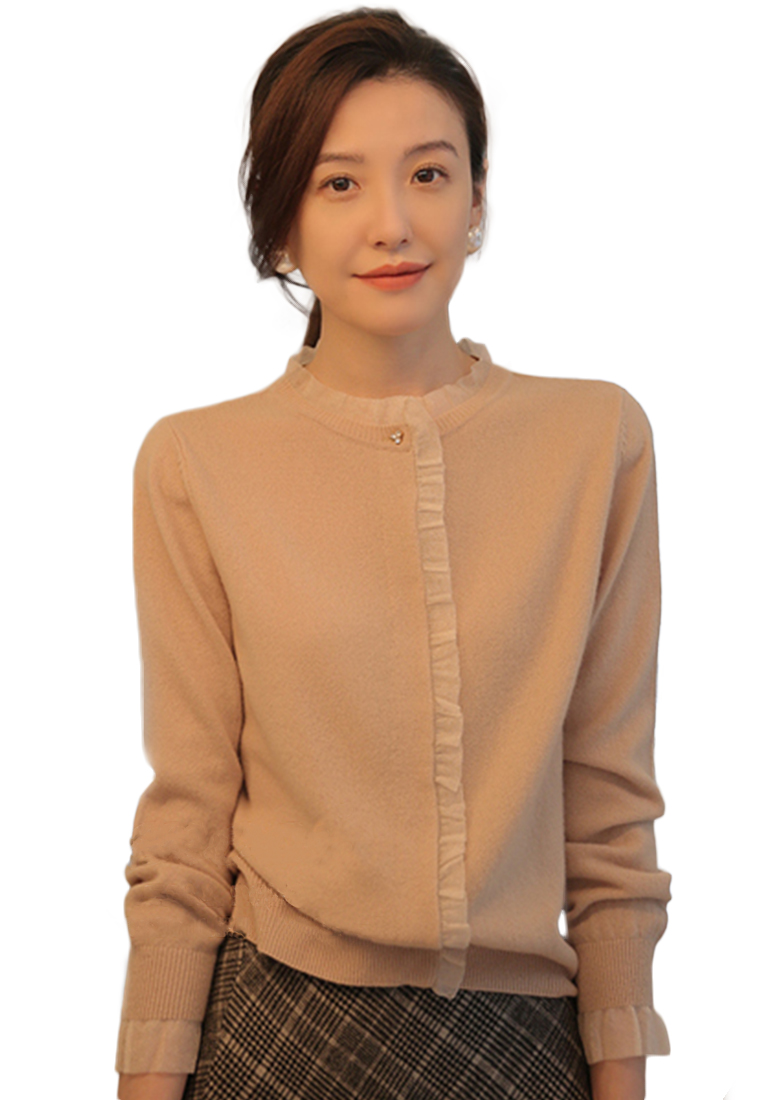 Solid Color Wool Panel Organza Knitwear Top A21092802BE-XL