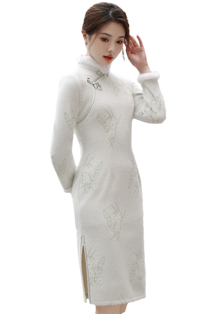 Temperament imitation mink soft mid length cheongsam dress CA122722GR-XXXL