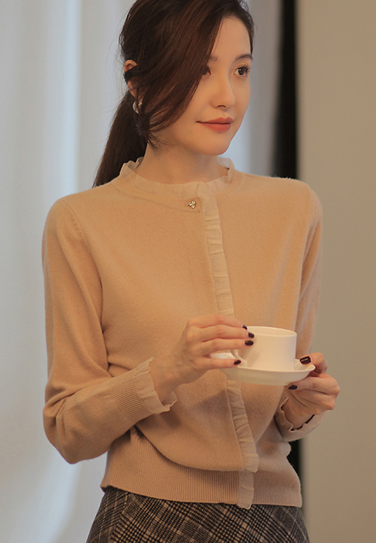 Solid Color Wool Panel Organza Knitwear Top A21092802BE-XL