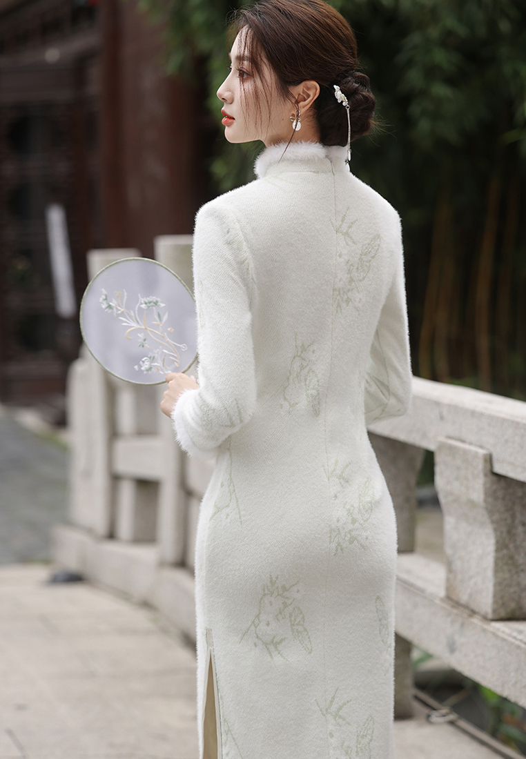 Temperament imitation mink soft mid length cheongsam dress CA122722GR-XXXL