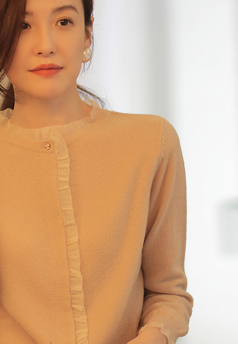 Solid Color Wool Panel Organza Knitwear Top A21092802BE-XL