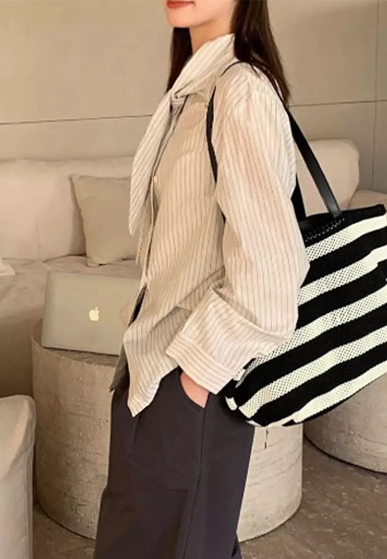 Korean style loose casual shirt with tied straps CA24092502BK