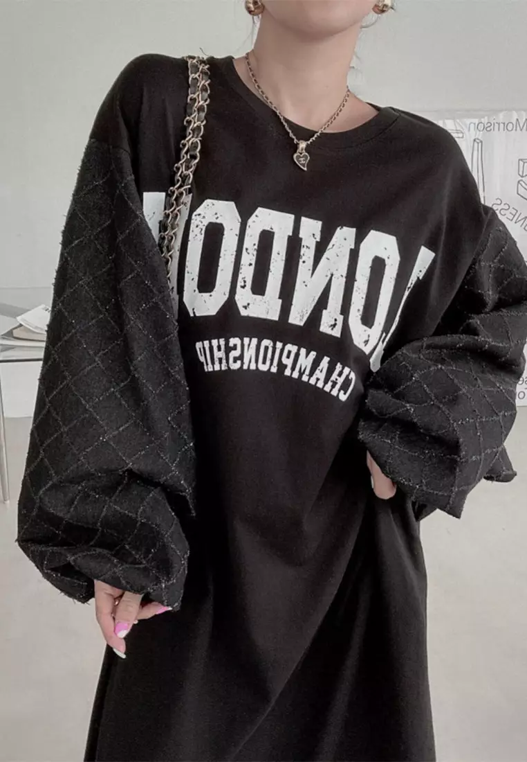 Spliced lantern sleeve printed loose dress CA24092508BK