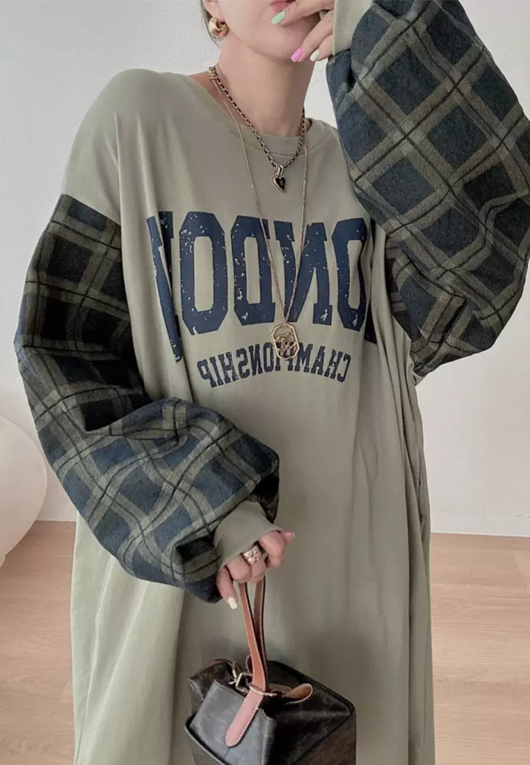 Spliced lantern sleeve printed loose dress CA24092508BK