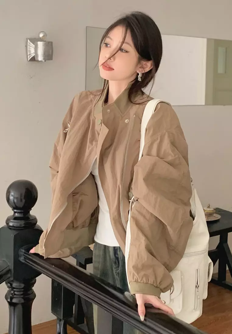 Stand up collar zipper solid color jacket CA24092327BK