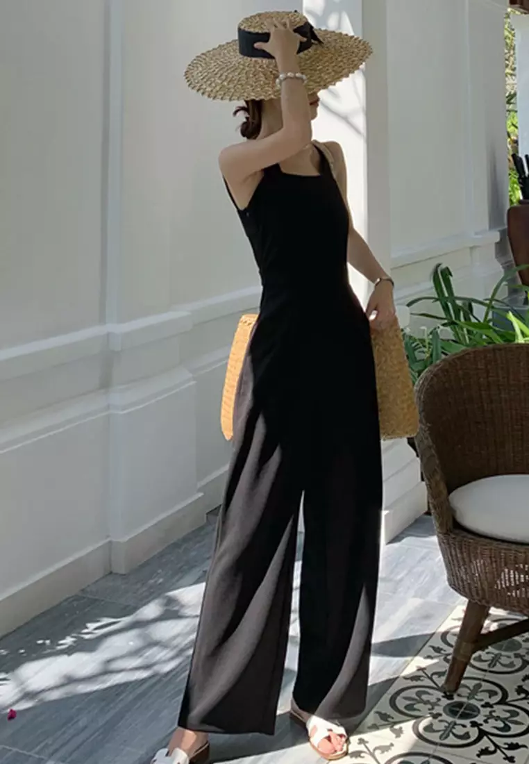 Black High Waist Open Back Wide Leg Jumpsuit A22022509