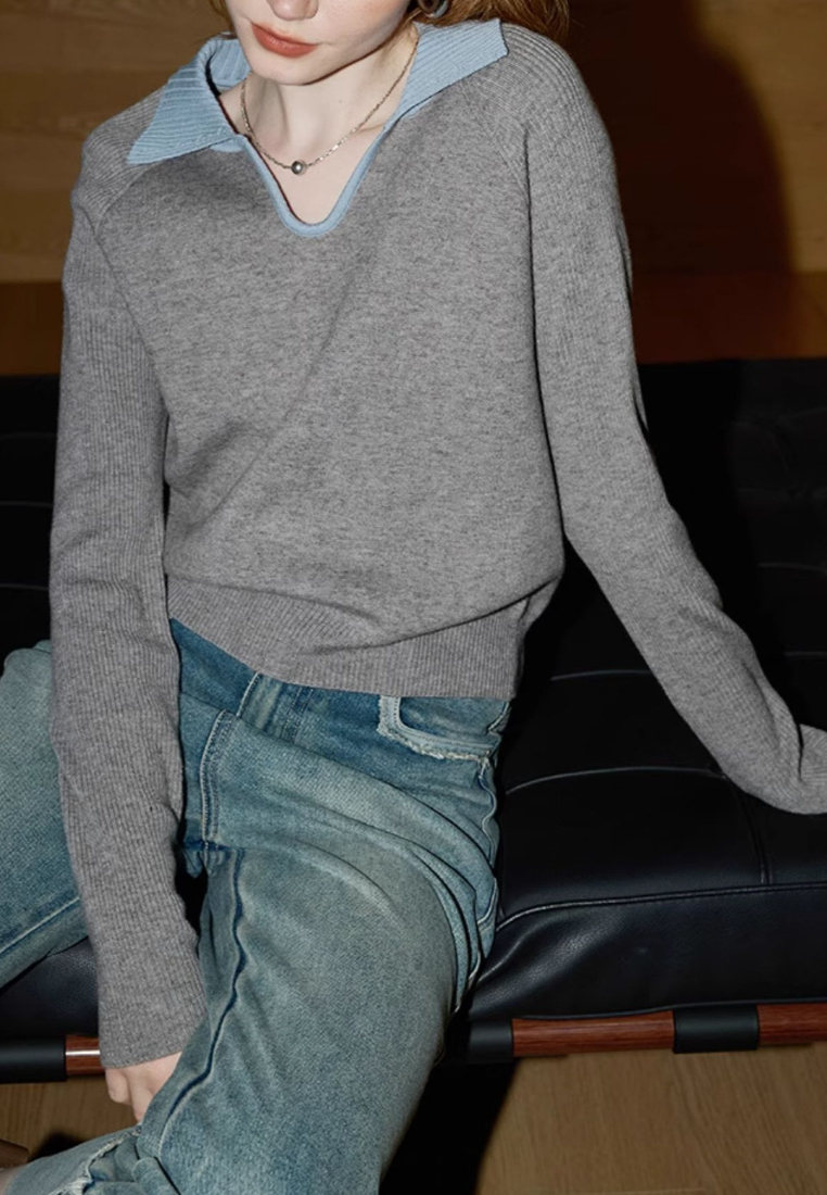 Temperament new contrasting color lapel knitted top K120905 