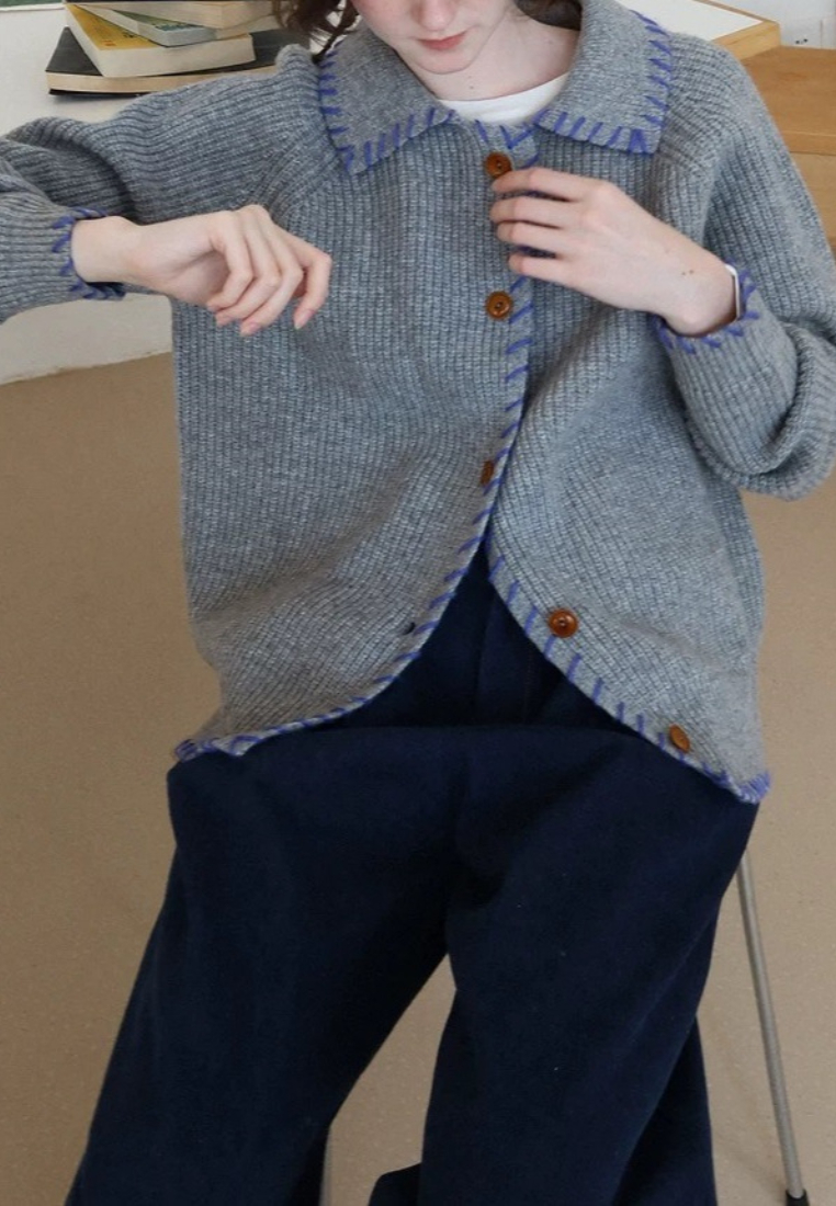 Temperament new contrasting color lapel knitted top Cardigans K120904BE