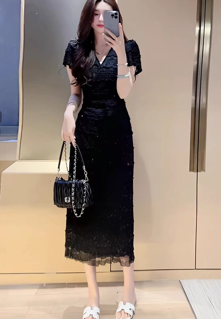 Lace Summer Elegant V-neck Strap Waist Dress CA25032709W