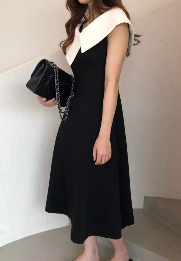 Temperament Collar Waist Sleeveless Dress CA24092733BK