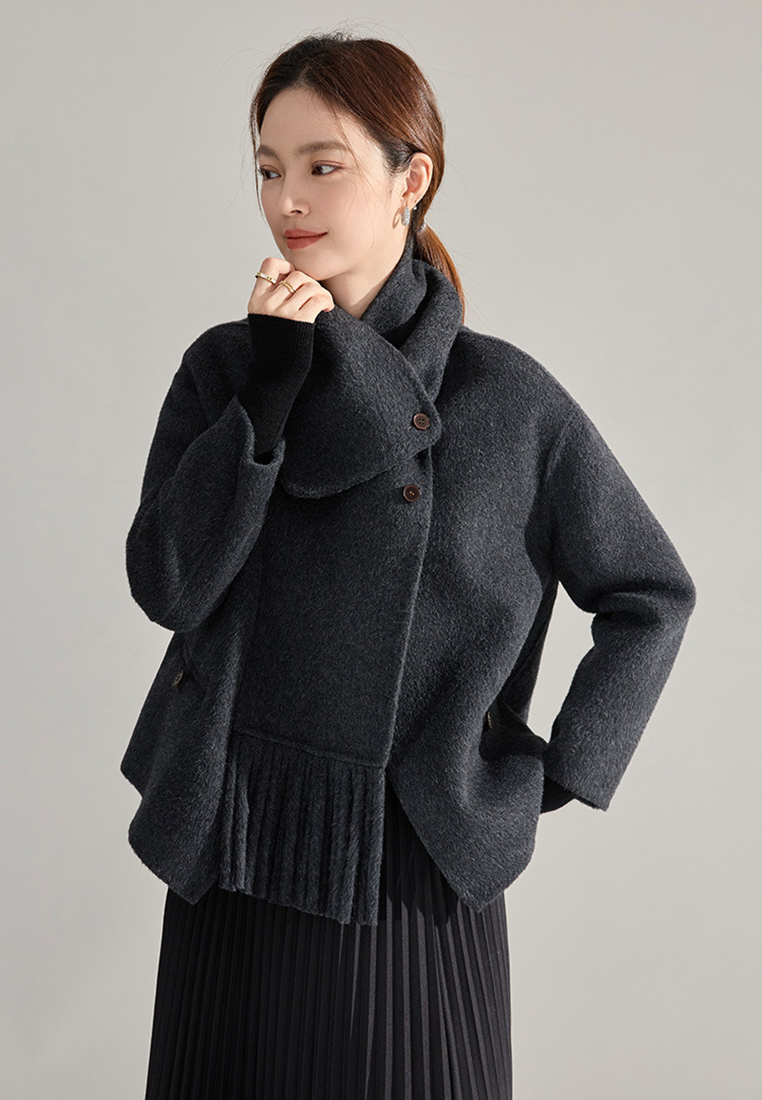 Winter detachable tassel scarf camel hair double-faced wool coat CA25010704GY