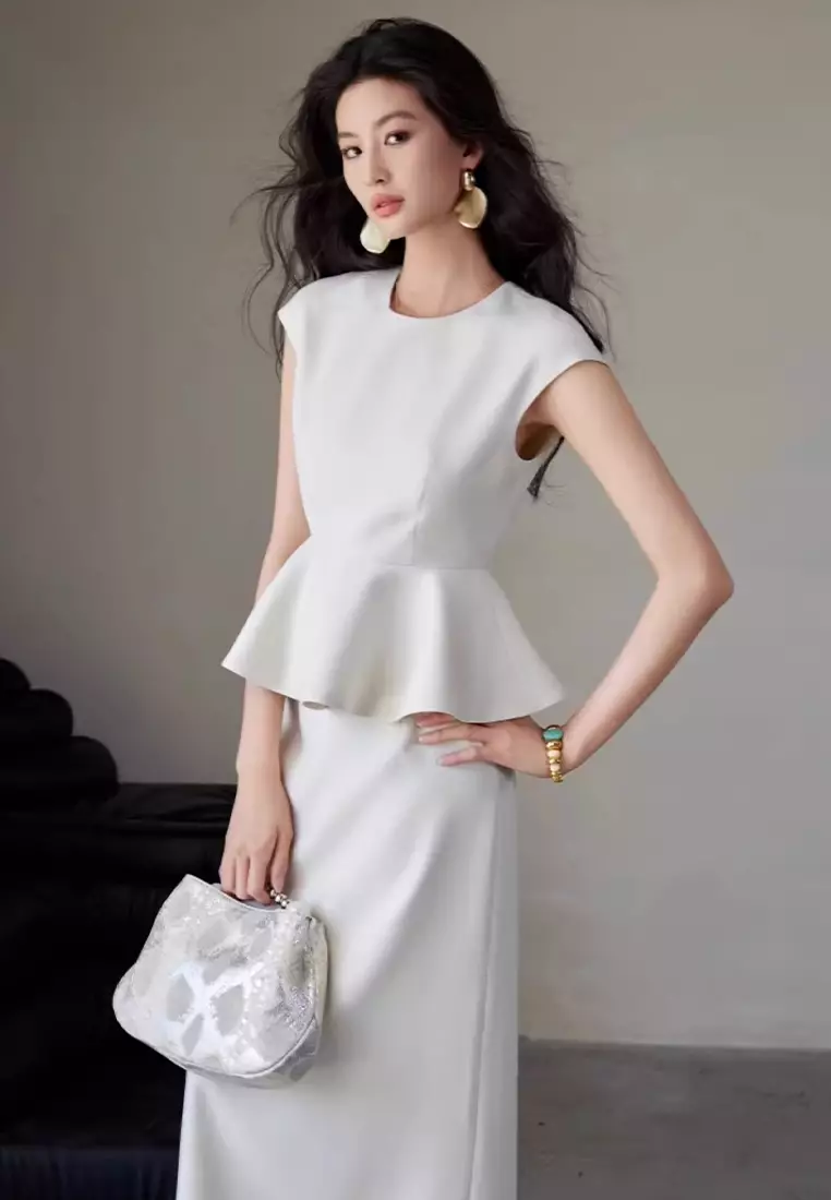 French Hepburn style waist cinched shirt half skirt two-piece set CA24092330W