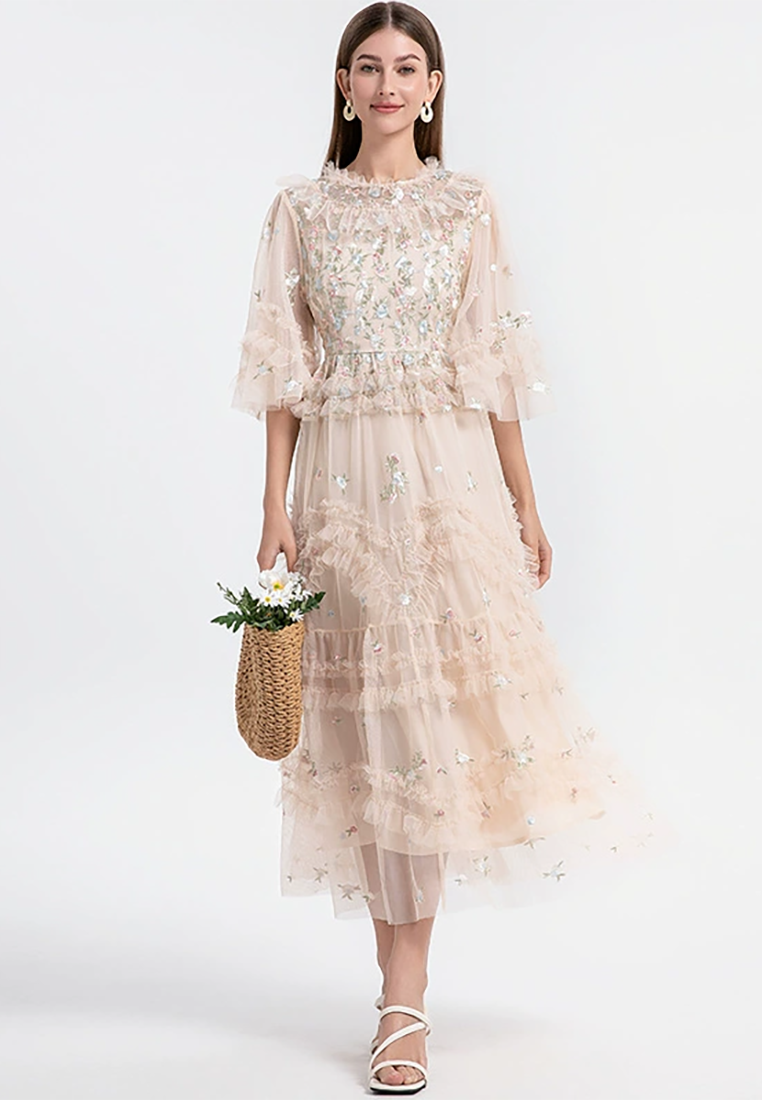 2025 French embroidered flower mesh pleated tulle skirt CA25021337