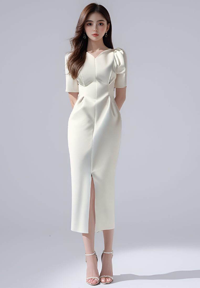 French V-neck solid color slit dress CA25032726W