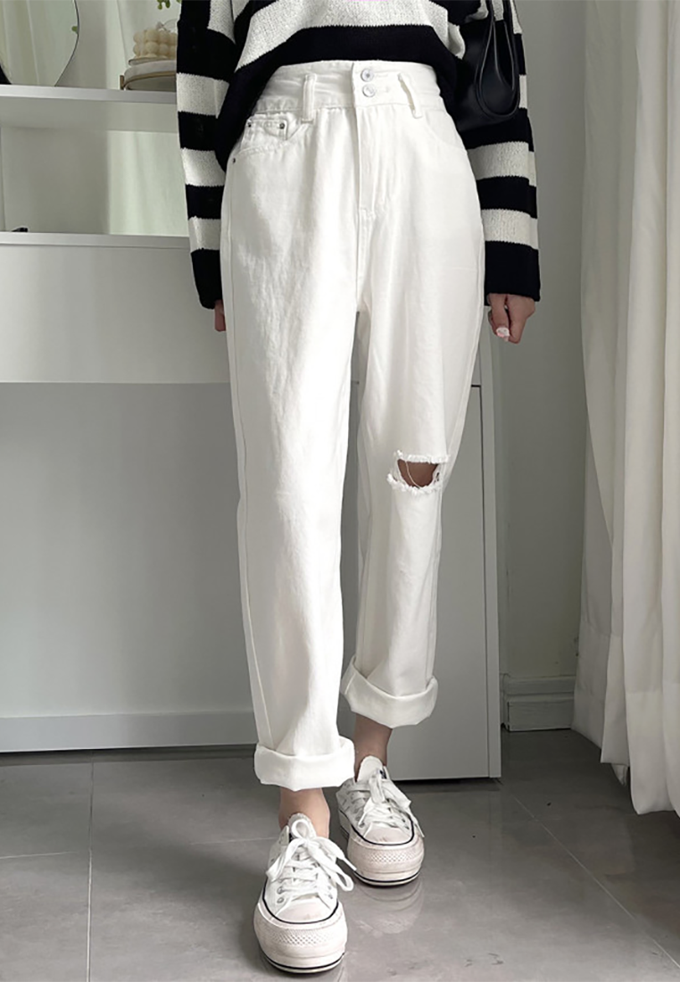 New spring retro high waist washed ripped nine-point jeans CA25022406W