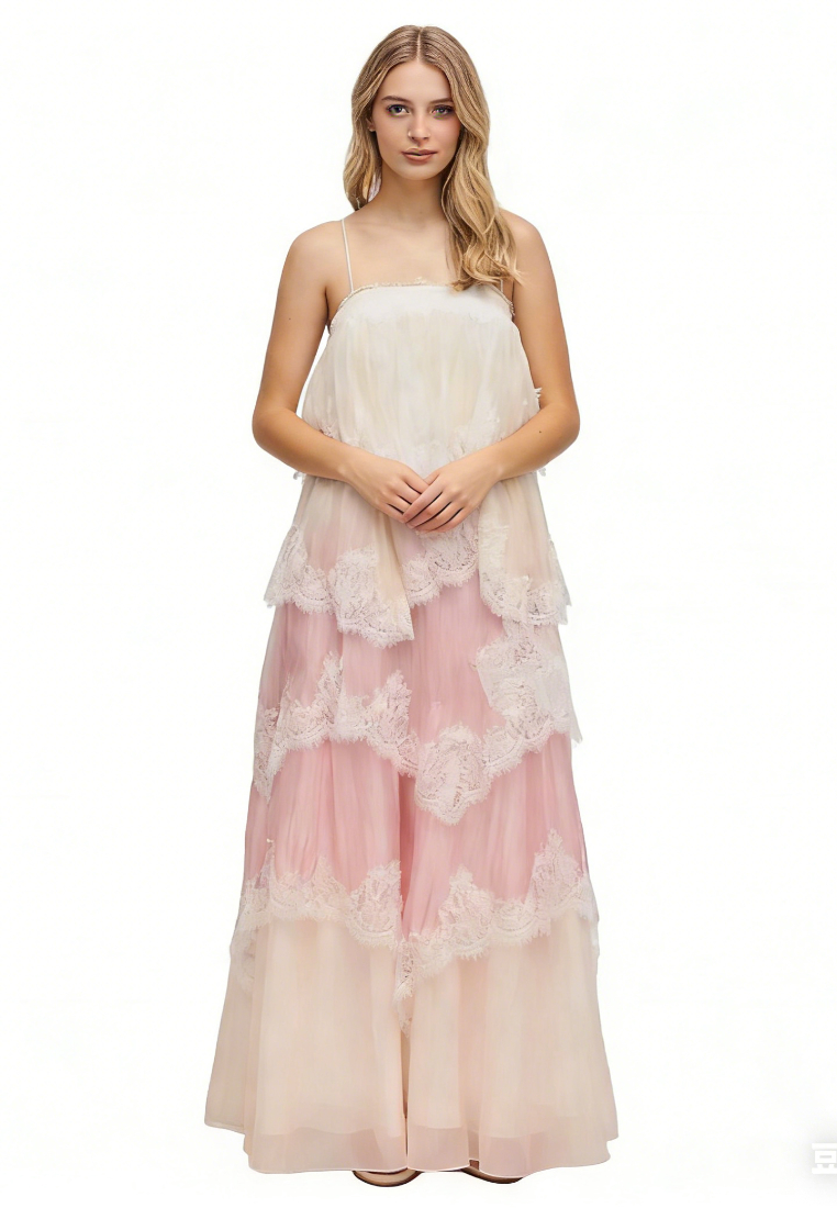 French Lace Tiered Maxi Dress Spaghetti Strap Boho Vacation Evening Gown K26040708