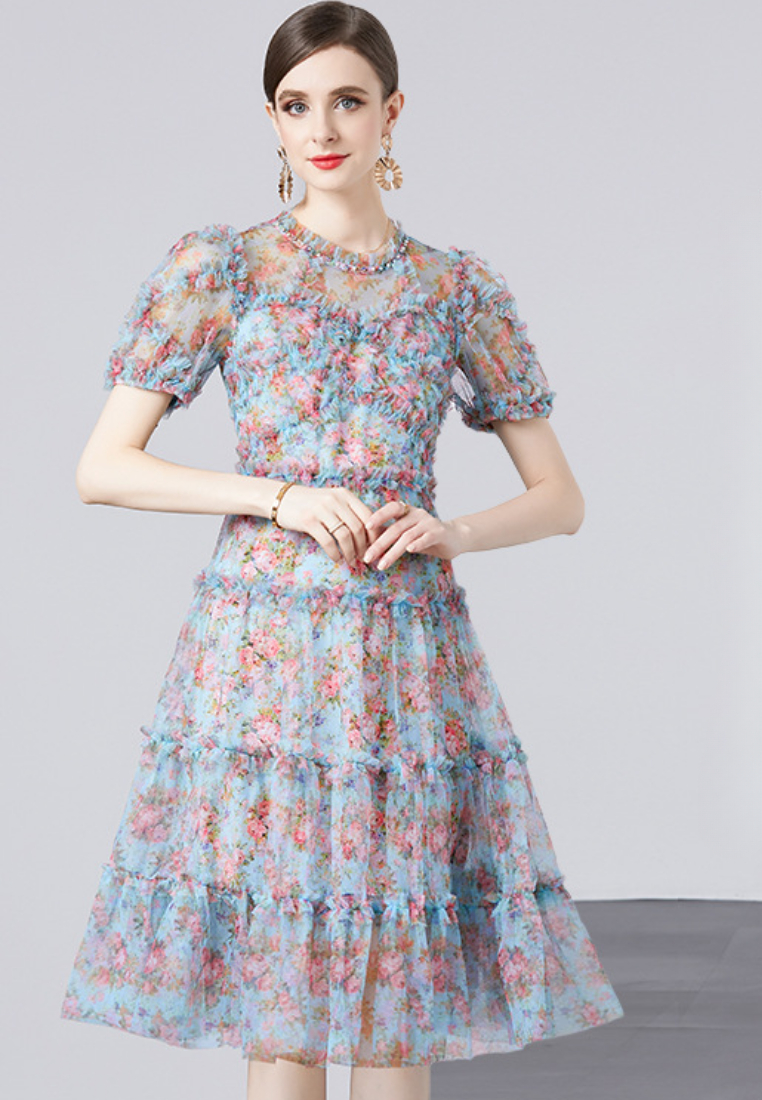 Elegant Floral Print Tulle Tiered Midi Dress K26062802