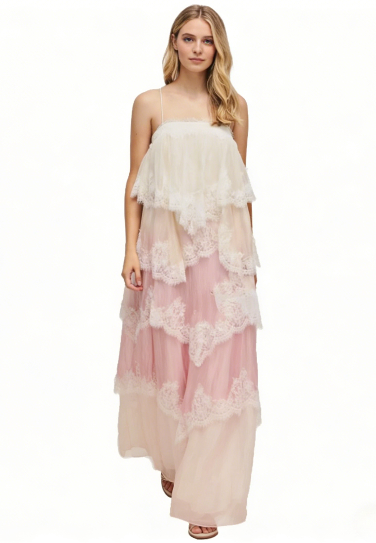 French Lace Tiered Maxi Dress Spaghetti Strap Boho Vacation Evening Gown K26040708