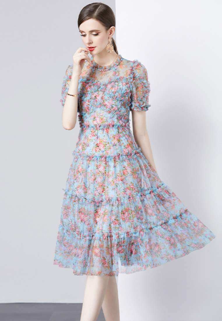 Elegant Floral Print Tulle Tiered Midi Dress K26062802