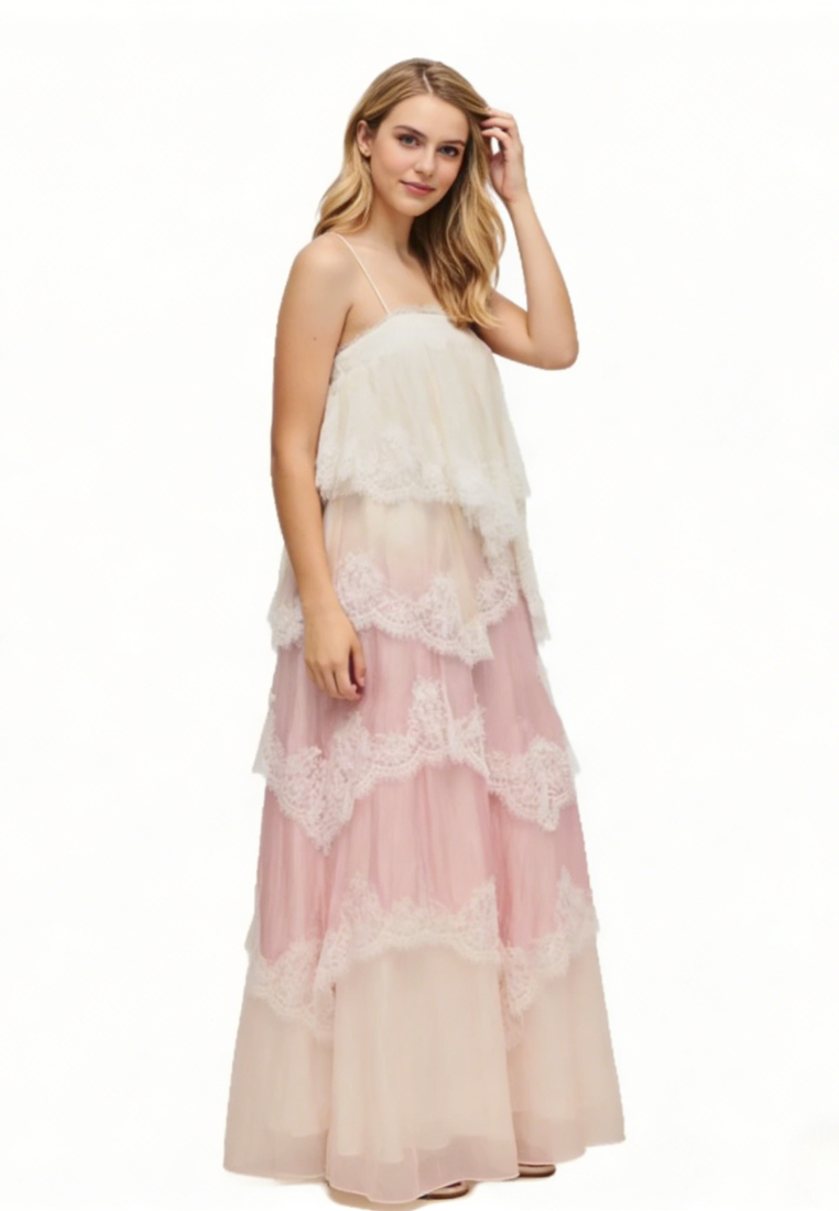 French Lace Tiered Maxi Dress Spaghetti Strap Boho Vacation Evening Gown K26040708