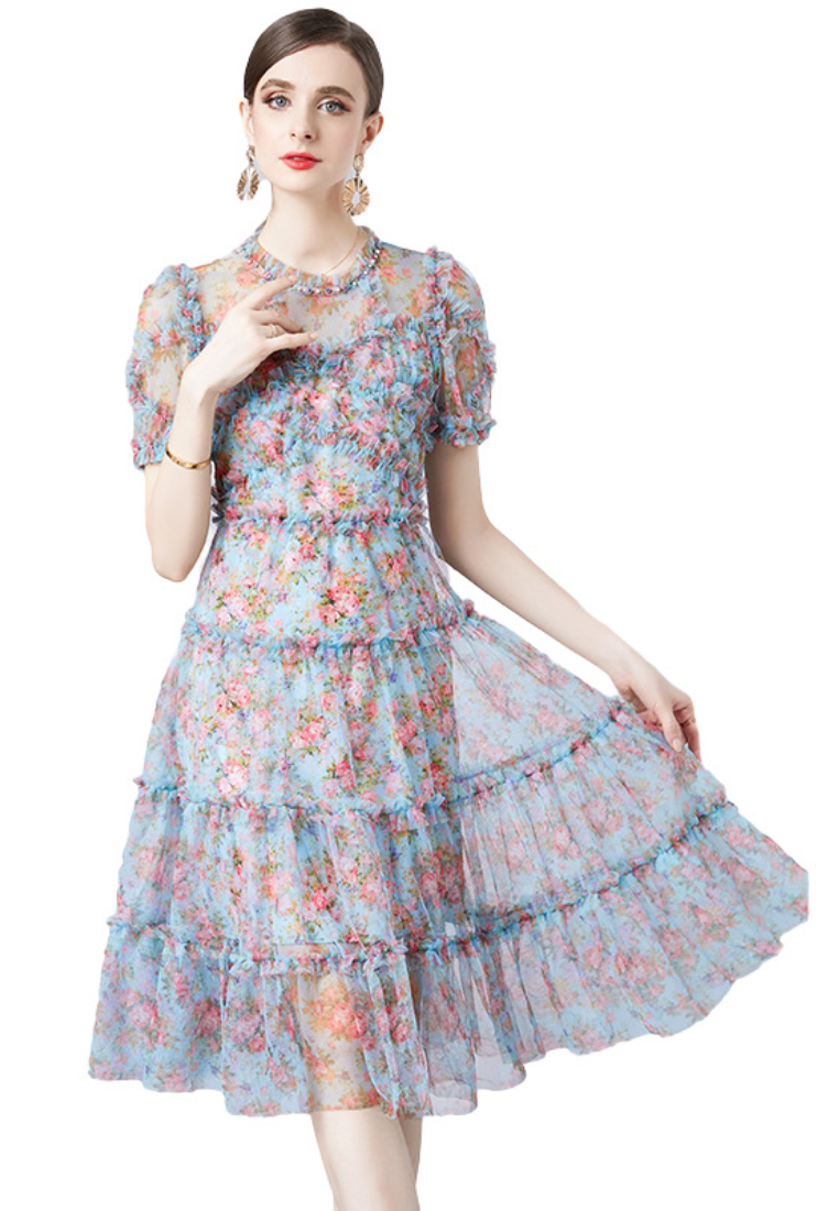 Elegant Floral Print Tulle Tiered Midi Dress K26062802